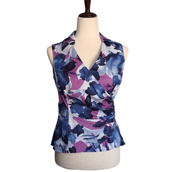 Jones NY Sleeveless Top Womens PS Navy Blue Floral Vneck Zip Fitted Collared - Picture 1 of 12